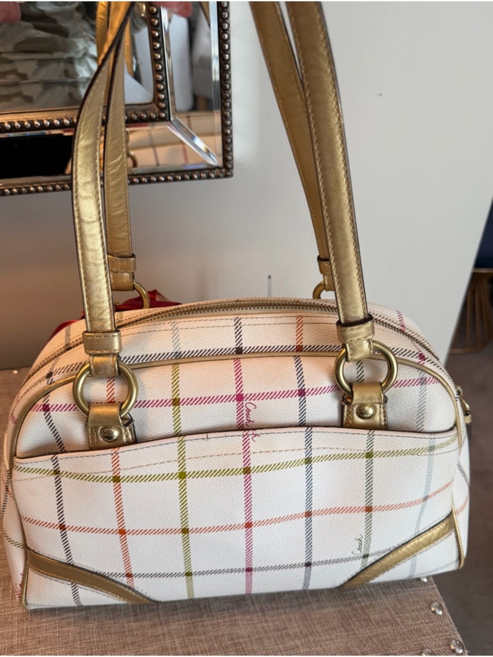 Coach White Plaid Satchel with Gold Straps and Red Charm - Picture 5 of 9